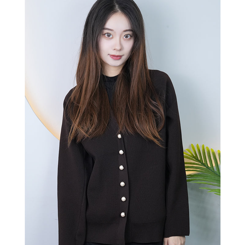 Knitted-garment 01  Sitai spring new cardigan women all round collar temperament senior sense pearl buckle pearl cardigan coat