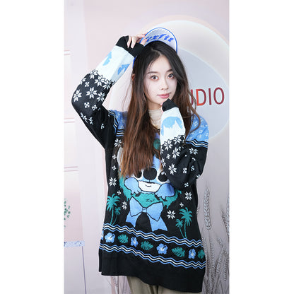 Knitted-garment 09   Sitai autumn and winter loose personality cartoon pattern men's and women's bottom sweater