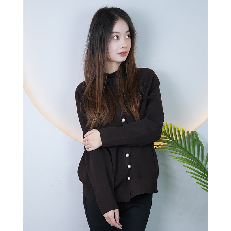 Knitted-garment 01  Sitai spring new cardigan women all round collar temperament senior sense pearl buckle pearl cardigan coat